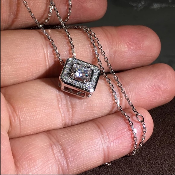 New 925 Silver Square Shape Diamond Necklace - Picture 4 of 4